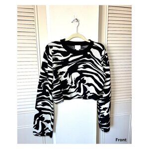 Womens Large H&M Crop Jacquard Knit Sweater Black & White Marble Zebra
